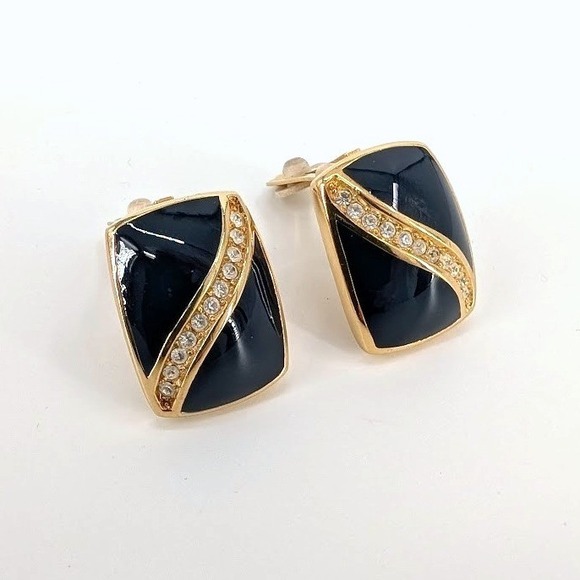 Christian Dior Vintage Navy Blue Rhinestone Wave Gold Tone Clip On Earrings - Picture 7 of 8